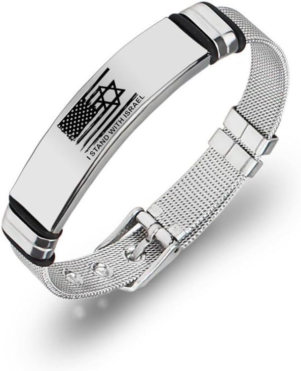 Israel & Usa Flag Bracelet Stainless Steel Support Israel Mesh Bangle, I Stand with Israel Engraved Wristband, Jewish Star of David Statement Friendship Jewelry, Adjustable