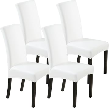 Waterproof Dining Chair Covers - Solid Oilproof PU Leather Chair Covers 4 Pack, Stretch Protector for Kitchen & Dining Room White, 4PC