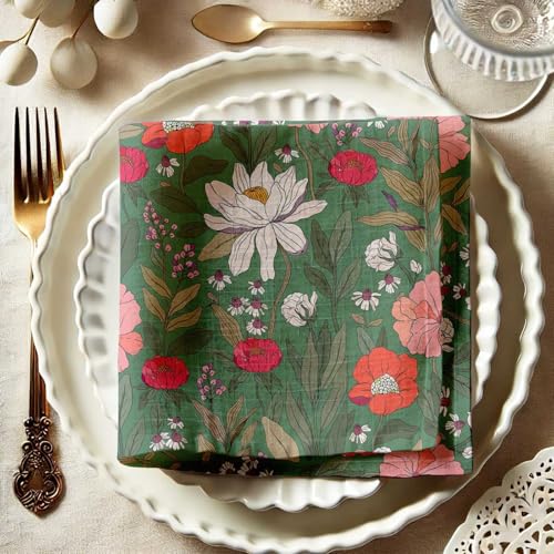 Vargottam Premium Cotton Muslin Napkins - Set of 12, 20-Inch Green Floral Design, Soft and Absorbent Cloth Napkins for Dining, Decor, Weddings, and Special Occasions - Machine Washable, Table Linens