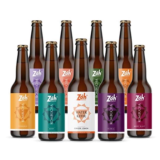 Zoh Probiotics Kombucha Sampler Pack: (330ml, Pack of 9) Peach, Berry Blast, Mint, Kashmiri Kahwa, Jasmine, Floral, Lavender, Turmeric Kombucha and Ginger Lemon Water Kefir. Try them all.