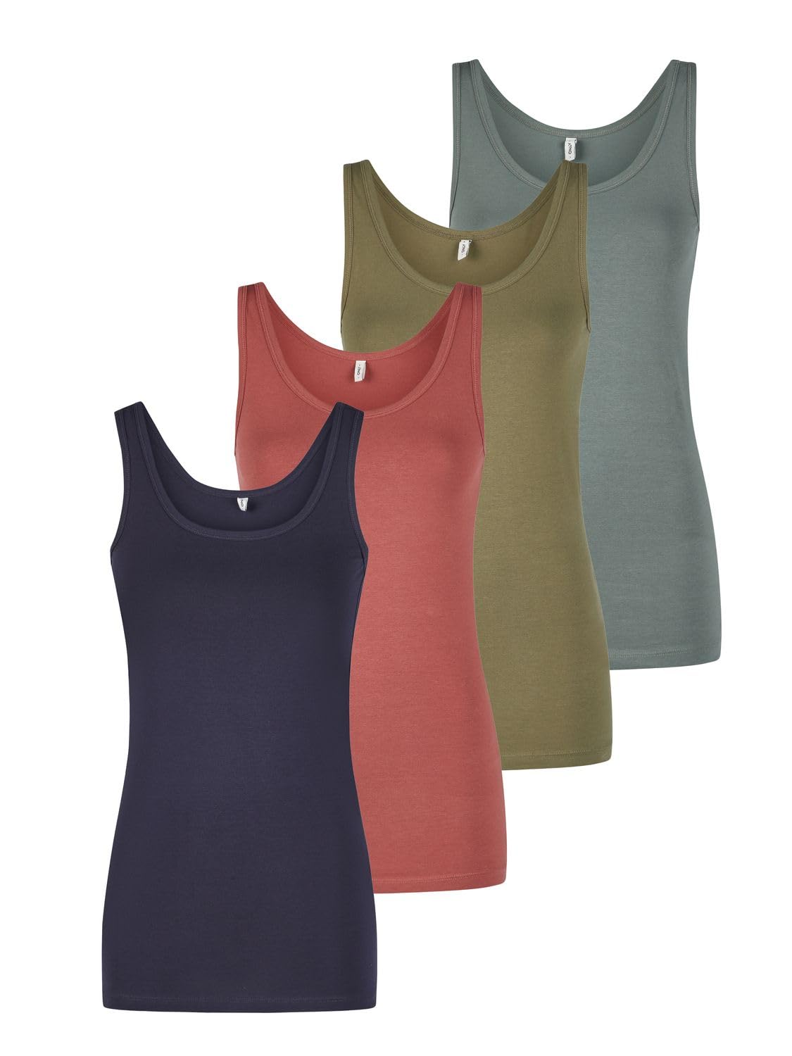 ONLY Tank Top Damen Baumwolle Stretch Slim Fit Onllive LUV 4er Pack Set Basic Shirt Rundhals Trägershirt Ärmellos Oberteile Einfarbig Schwarz Weiß Beige Rot Grün Blau Navy S M L XL XXL