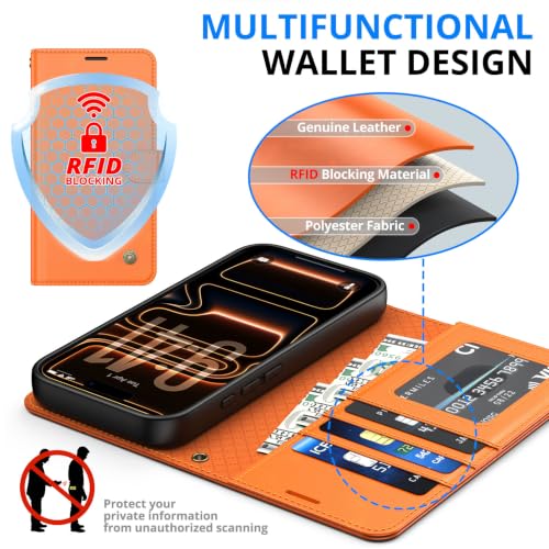 Étui cuir véritable iPhone 17 Pro antichoc charge sans fil orange - 7