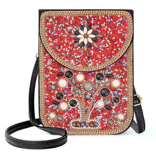 Image of Small Beaded Crossbody Bag for Women, Boho Cell Phone Shoulder Purse Wallet with Handcrafted Colorful Beads