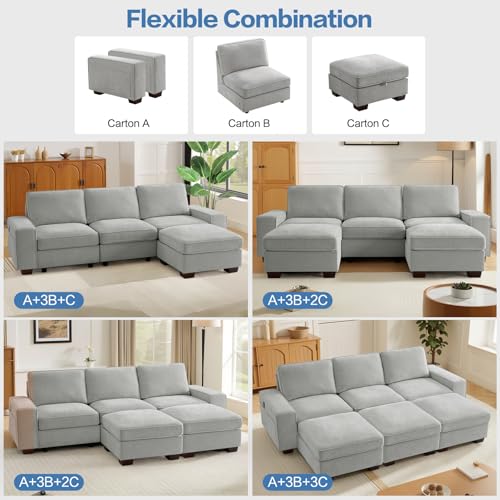 Image of TEKAMON 100 inch Modular Sectional Sofa with Seats Storage, L Shape Couch with Movable Ottoman for Living Room, Couch with Chaise, Solid Wood Frame, Spring Cushions, USB Port, Removable Covers, LightGrey