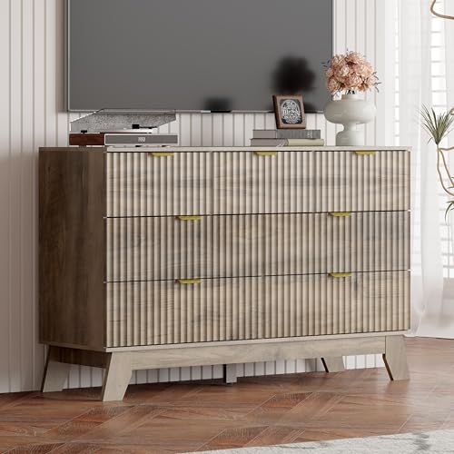 Image of Grey Dresser 7 Drawer Dresser for Bedroom, 47''W Fluted Wooden Dresser Storage Cabinet and Chest of Drawers with Metal Handle, Storage Organizer for Living Room, Hallway, Entryway, Gray