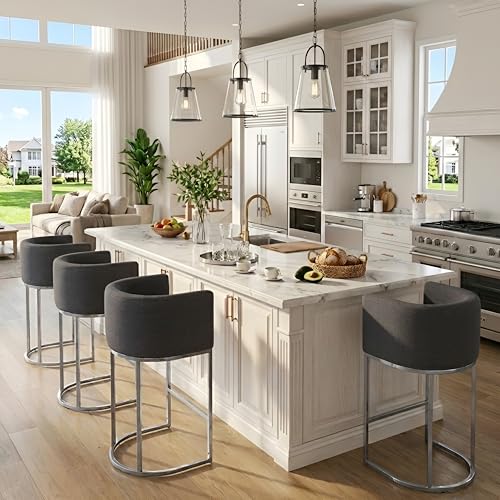 Image of HNY Modern Counter Height Linen Fabric Upholstered Counter Stools Set of 4, 29 Inch Charcoal Kitchen Island Stool with Chrome Finish Metal Frame