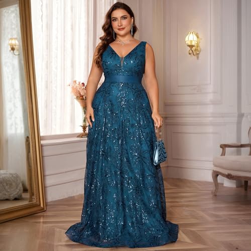 Plus Size Formal Dresses for Women with Embroidery Sequin and V-Neck, A-Line Maxi Dress for Wedding and Cocktail2