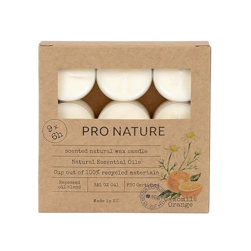 Müller Kerzen PRO NATURE Candele Profumate Tealights - 9 Candeline Bianche all'Arancia & Camomilla - 38 x 24 mm - Durata 6 Ore - Cera Naturale e Oli di Colza - 100% Materiale Riciclato