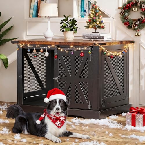 VOPEAK 40" Farmhouse Dog Crate Furniture, Heavy Duty Dog Cage for Medium Large Dogs, Dog Crate Dog Kennel Indoor with Double Doors, Chew Resistant End Table for Bedroom Living Room, Black