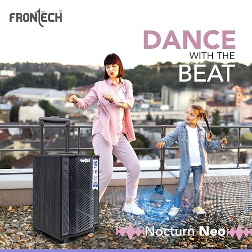 Image of FRONTECH Nocturn Neo Trolley Speaker | 100W Powerful Sound | Wireless Microphones | USB /TF /Bluetooth /FM | Guitar & MIC Input | Rechargeable Battery (SW-0225, Black)