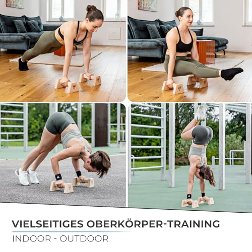 PULLUP & DIP push-up bars van hout inclusief polsbandages - ergonomische handstandhandvatten, antislip push-up bars voor gymnastiek, fitness en bovenlichaamstraining - Afbeelding 3