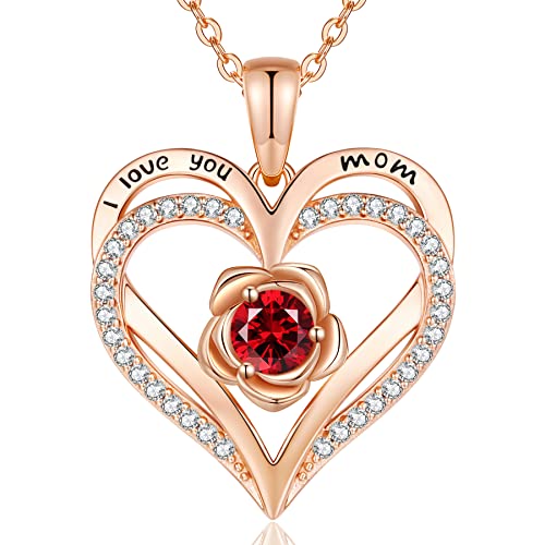 Cde Mother's Day Jewelry Gifts For Mom Rose Heart Pendant Necklaces For Women 925 Sterling Silver Rose Gold Flower Love Heart Necklace With Birthstone For Her Birthday Christmas Anniversary (I Love You Mom-01-January-July-Ruby Garnet Red) #TOP15