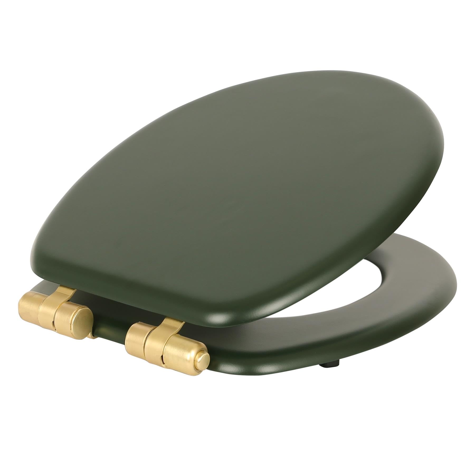 Soft Close Toilet Seat - Green/Gold - 1x Oval-Shaped Wooden Toilet Seat Antibacterial Loo Seat with Universal Chrome Hinges, Fixings & Fittings - by Harbour Housewares