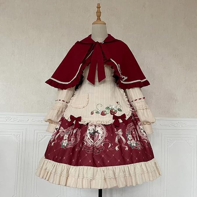 ロリータファッション 赤白ドレス　いちご　刺繍 長袖　海外ロリータ ロリータファッション赤白ドレス いち ご刺繍長袖 海外ロリータ