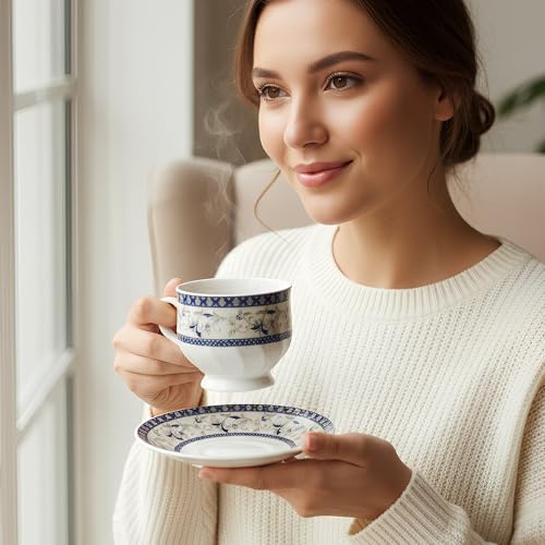 Image of U.P.C. Tea Set With Kettle And Saucer For 6 Servings, 15 Piece Ceramic Tea Service Set Including 6 Cups, 6 Saucers, 1 Kettle, 1 Milk Pot, 1 Sugar Pot, 800 Milliliters Capacity