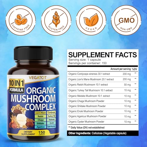 10 in 1 High Strength Mushroom Supplement 9,700MG - Lions Mane, Cordyceps, Reishi - Brain Supplements for Memory and Focus ** 5-Month Supply - Image 3