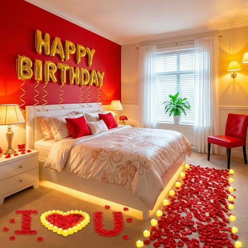 Image of Red and Gold Happy Birthday Balloons Decorations Happy Birthday Letter Balloons Banner Set 24pcs Heart Flameless LED Candles 2000pcs Artificial Rose Petals for Women Men Room Party Decor