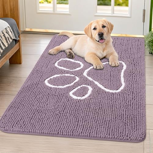 Image of Smiry Dog Door Mat for Muddy Paws, Absorbent Dirt Trapper Non Slip Quick Dry Washable Chenille Mat for Mud Dogs, Entry Rug for Indoor and Outdoor (40x32 Inches, Deep Plum and White)