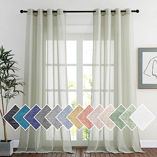 PONY DANCE Rideaux Vert - Rideau Voilage Texture de Lin Effet Voile Panneaux Draperies pour Maison Chambre Décoration Unique avec Oeillets, L 140cm x H 245cm,...