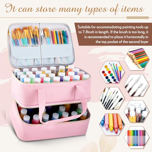 Image of Abbylike Acrylic Paint Organizer Case for up to 56 Bottles (2 Oz) Double Layer Art Supply Storage Bag Alcohol Ink Storage Paint Carry Case with Foam Insert and Inner Pocket(Pink)