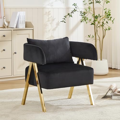 Image of Modern Black and Gold Velvet Accent Chairs, Barrel Armchairs Living Room