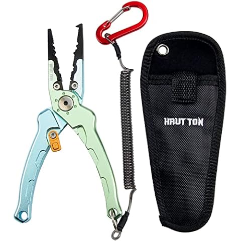 HAUT TON Macaroon 7 inch Fishing Pliers Saltwater,Braid Cutters Split Ring Pliers Hook Remover 3in1 Fishing Gear with Safety Lock,Incule Sheath and Lanyard,Aluminum Cover