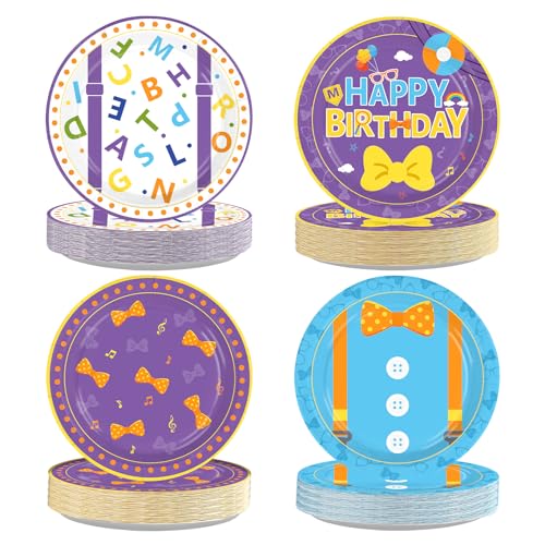 Image of 60Pcs English Teacher Paper Plates 7 inch Heavy Duty Paper Plates | Cartoon Teacher Dessert Cake Paper Plates Disposable Blue Yellow Purple Platters for Boys Girls Birthday Party Supplies