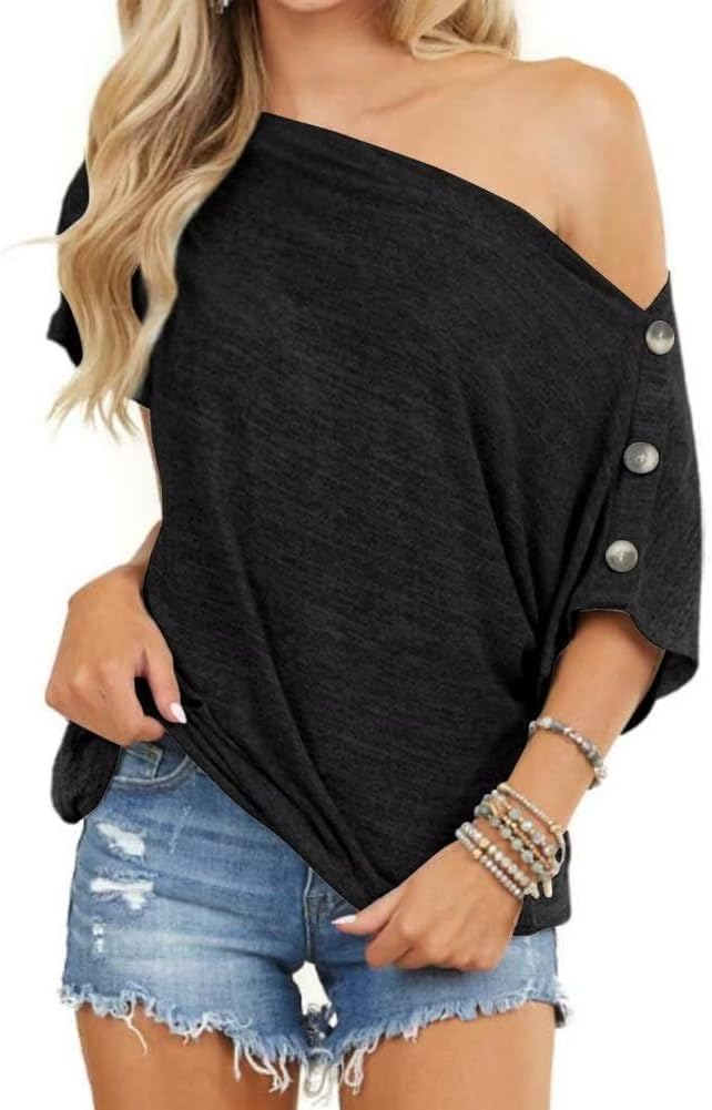 INFITTY Womens Off Shoulder Tops Casual Summer Loose Button Down Short Sleeve Shirt Tunic Blouse - Image 2