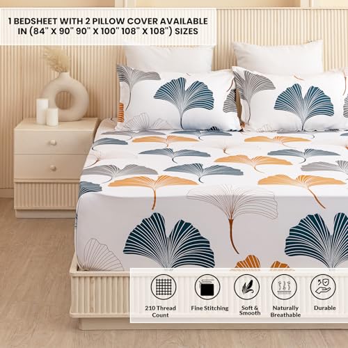 Image of HOMEMONDE Premium Cotton King Size Bedsheet 108 x 108 Inch, 210 TC Leaf Printed Flat Sheet with 2 Pillow Covers, Mustard & Grey, Premium Gift Box Included | Perfect for Home Decor & Gifting