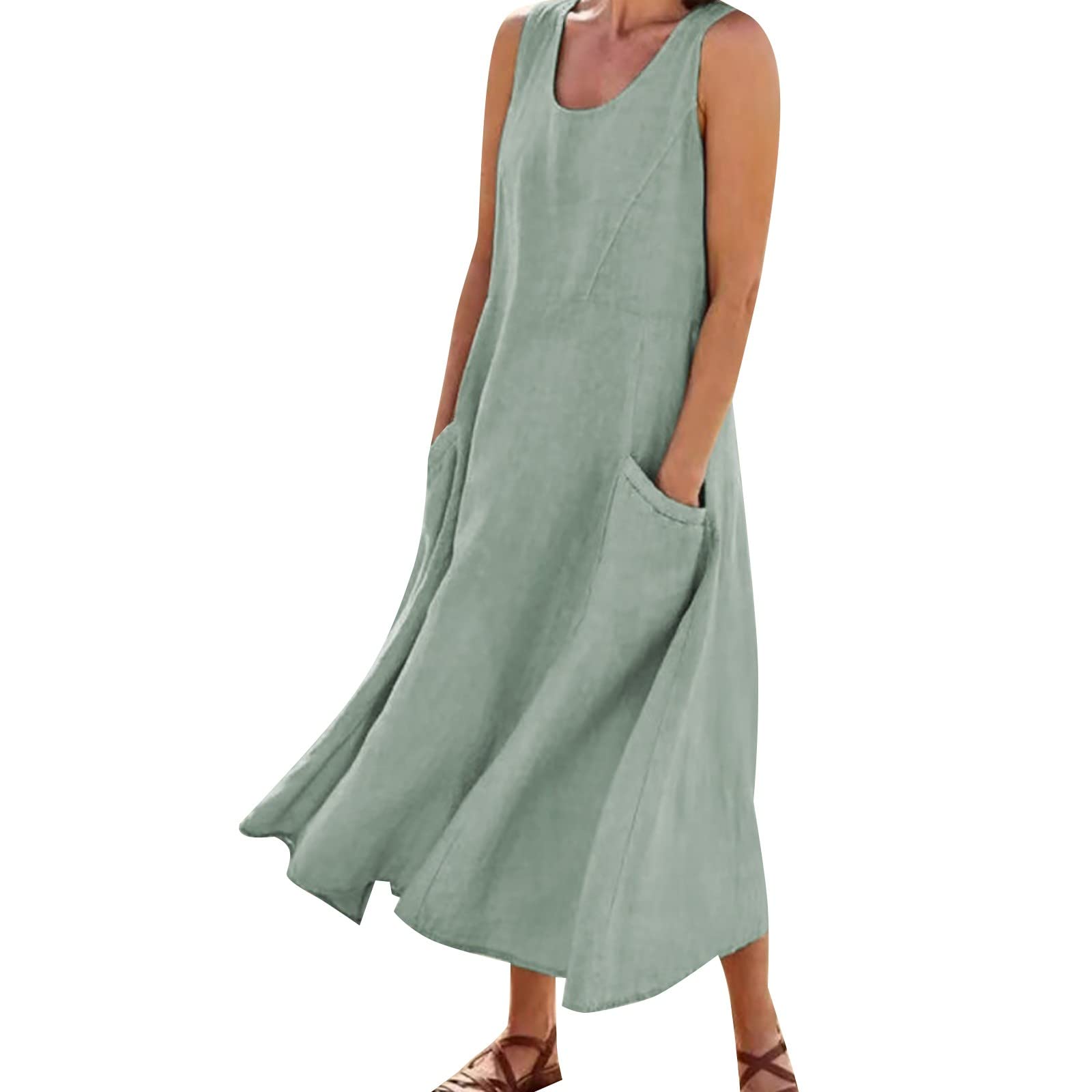 Robe Debardeur Femme Coton Lino Été Fluide Sans Manche Chic et Elegant Robes Col Rond Décontractée Grande Taille Robes avec Poches Couleur Unie Ample Boheme Plage Maxi Dress D'été Léger Robe Chemise