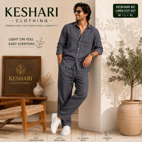 Image of Men's Premium Linen Co-Ord Set | Regular Fit Full Sleeve Solid Shirt with Drawstring Trouser | Breathable Linen Casual Outfit for Summer, Travel, Beach, Vacation & Daily
