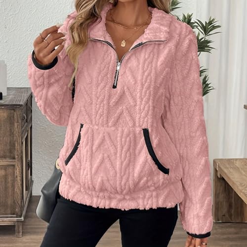 Pink Half Zip Fleece Women Quarter Zip Oversized Pullover Sweatshirts - image 5