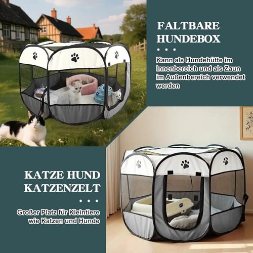 Welpenauslauf Faltbare Hundebox - 74x74x43cm Welpenlaufstall Faltbare hundezelt Katzengehege für Drinnen Outdoor Hundekäfig Kaninchen Laufstall Katze Hund Katzenzelt Kleintiergehege (Grau)