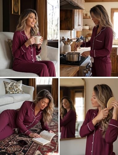 Image of Pjmlifecoco Pajamas Set Long Sleeve Womens Button Down Sleepwear Two Piece Nightwear Soft Pj Lounge Sets S-XXL