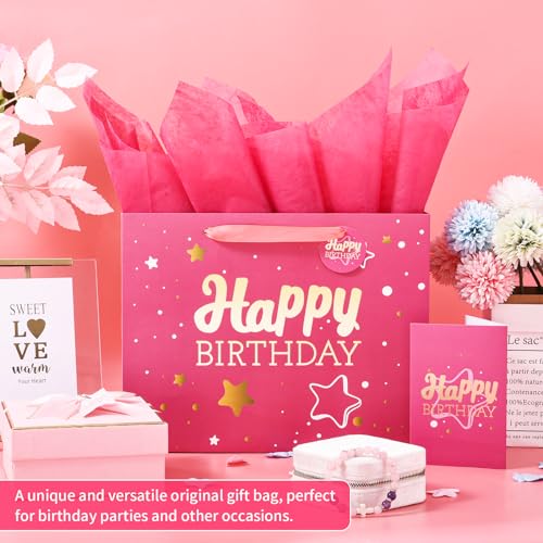 Image of Powbrace 13 inch Pink Happy Birthday Gift Bag with Tissue Paper and Greeting Card for Party,Happy Birthday Gift Bag for Men Women,Gift Bags Medium size(2 PCS Pink Hot Stamping)