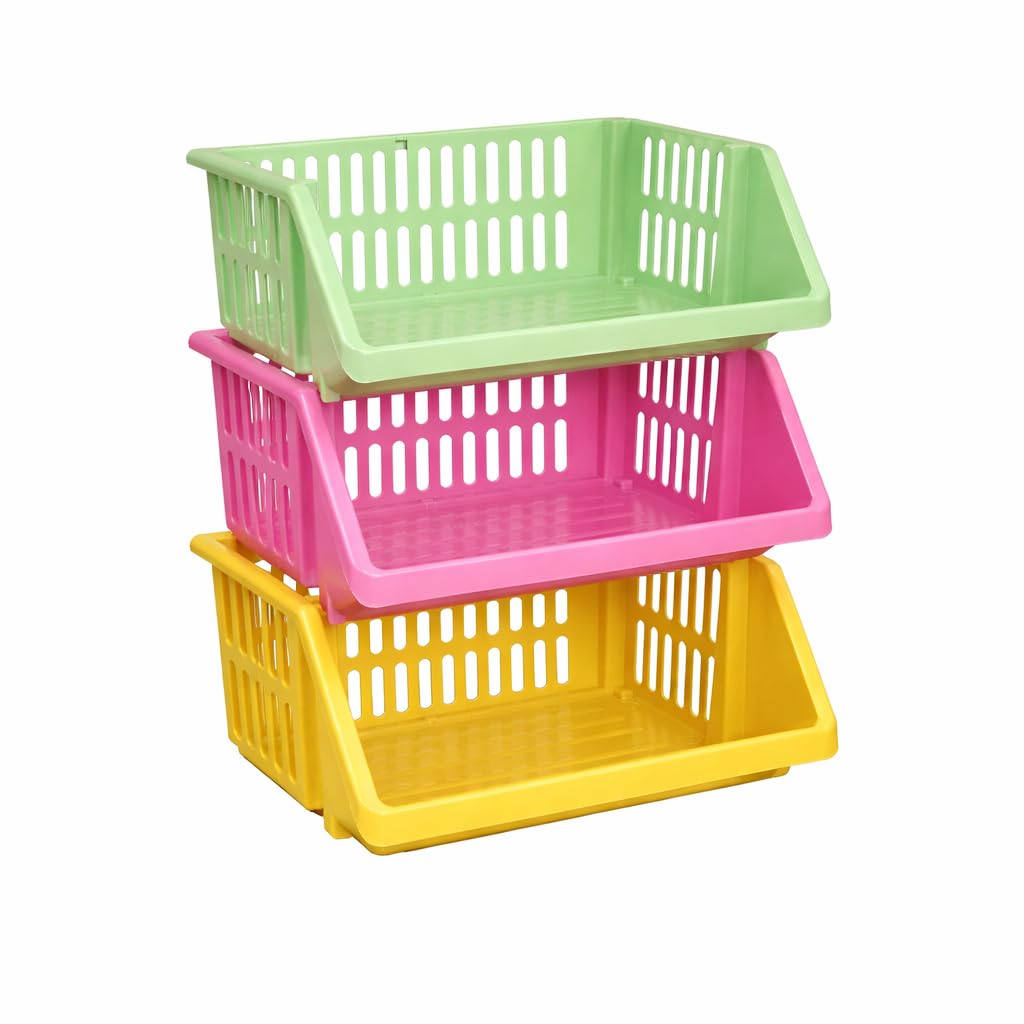 CrazyGadget® Multi Purpose Large Plastic Colour Storage Rack Stand Stacking Stackable Basket - Made In U.K. (3 Tiers, MultiColour)