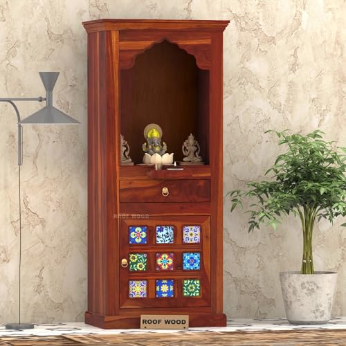 Image of Solid Wood Premium Sheesham Wood Temple for Home Big Size 5 Feet with Door Storage Cabinet Wooden Mandir for Pooja Room Honey Finish