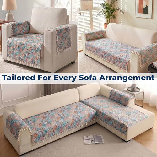 Image of Story@Home Quilted Anti Slip Sofa Cover Mat with 2 Armrest Cover, 1 Seater Velvet Sofa Protector with Tassels | Sofa Cover Mat for 1 /2 /3 Seater & L-Shape Sofa - 76 x 61 Cm - Multi Color