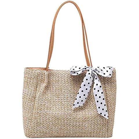 Obosoyo Straw Bags for Women Beach Bags Bowknot Shoulder Bags Straw Purse Summer Woven Bags, Beige White, L Cover