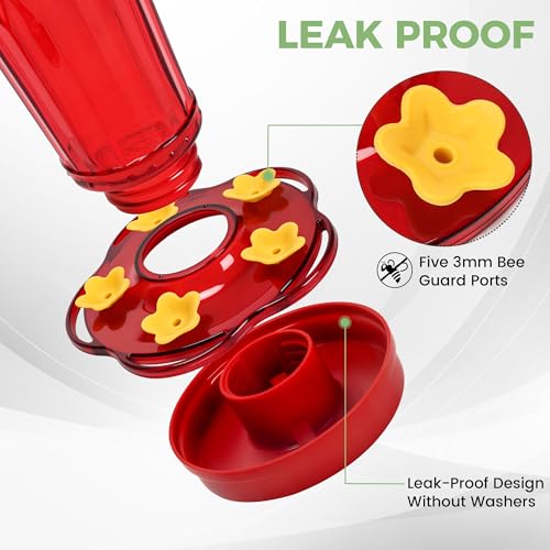 Image of 2 Pack Glass Hummingbird feeders for Outdoors 14Ounces，5 Feeding Ports Hummingbird Feeder,Wide Mouth for Easy Filling /Cleaning，Hanging for Garden Backyard Decor, Includes Ant Moat (Red，2Pack)
