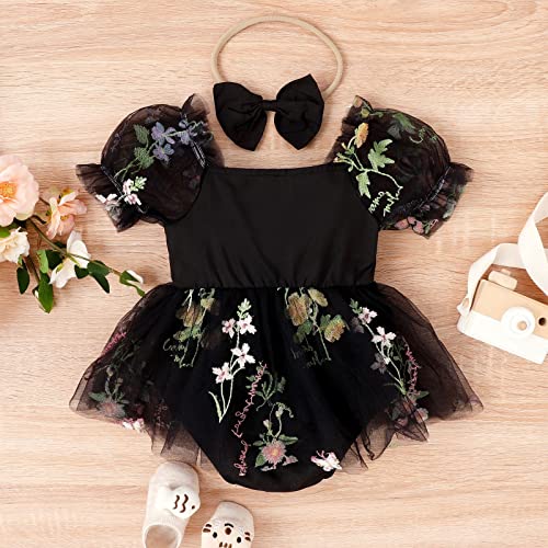 ODASDO Dresses for Baby Girls Birthday Party Newborn Princess Romper Flower Embroidery Short Sleeve Sundress with Headband3