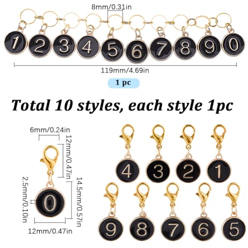 SUNNYCLUE 11Pcs Number 0~9 Stitch Markers Charms Black Knitting Row Counter Chains Alloy Enamel Removable Gold Lobster Clasp Locking Metal Stitch Marker for Crocheting DIY Crafts Handmade Jewellery - Image 2