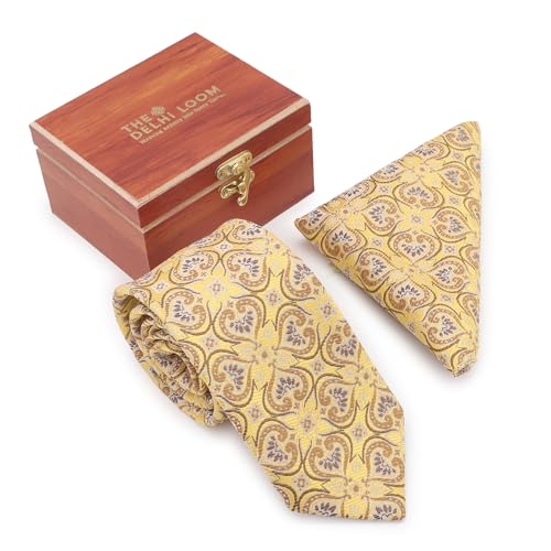THE DELHI LOOM Golden Aura Men's Micro Silk Tie & Pocket Square Set with Wooden Gift Box – Yellow Gold & Brown - Suitable for Weddings, Parties, Corporate & Festive Events - Image 3 thumbnail