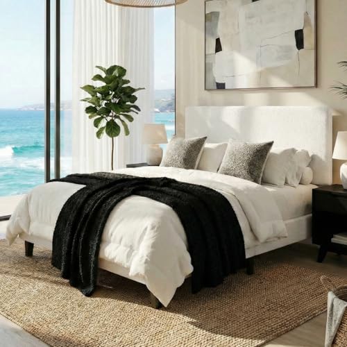 SHA CERLIN Boucle Upholstered Queen Size Bed Frame White