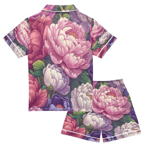 Satin Pajama Sets Short Sleeve Colors Floral Pattern Button Down Silky Nightwear 2 Piece PJS 5-14Y2