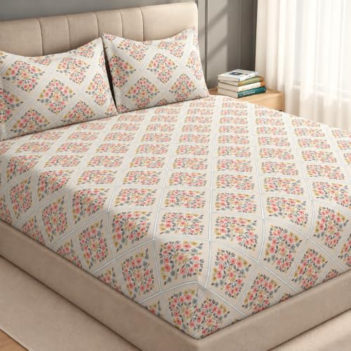 Image of Welspun Zen Microfiber Floral Double Bedsheet with 2 Pillow Covers | Percale Bed Sheet | Skin Safe, Breathable & Easy Care Bedding Set | Gift Set | Beige | 220 x 240 Cm