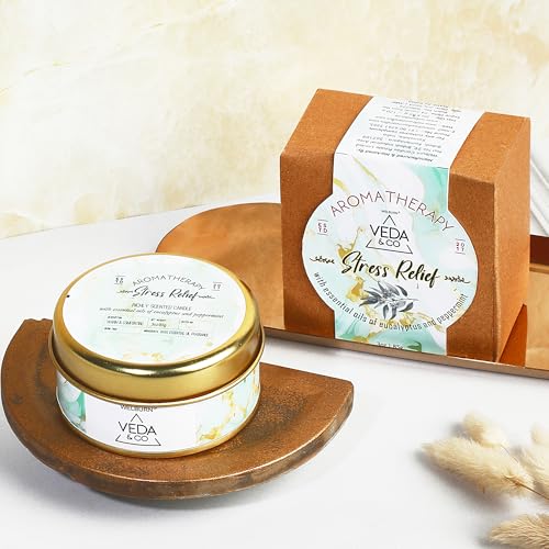 Image of Welburn Veda&Co Scented Wax Candle - Stress Relief | Aromatherapy Travel Tin Candle | 100% Natural Soy Wax | Relaxing Stress-Relieving Fragrance | 15 Hours Burn Time | 85gm Travel Candle