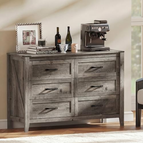 Farmhouse 6 Drawer Dresser for Bedroom Wood Chest of Drawers Rustic Wooden Storage Organizer Cabinet Large Long Dresser TV Stand with Drawers for Living Room Hallway Entryway Rustic Gray Oak