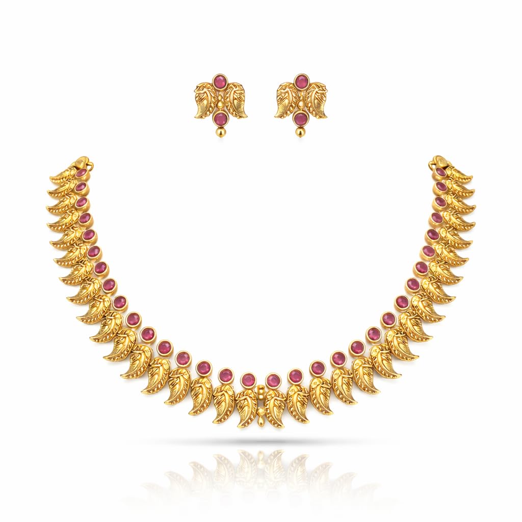 Mango Gold Matte Finish Bridal Necklace & Earring Set (Red)