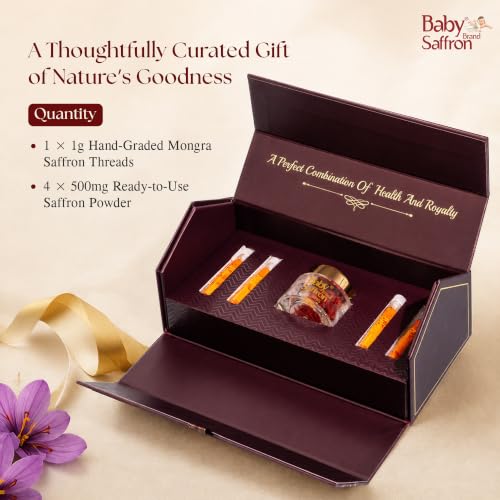Image of Baby Brand Saffron Triangular Gift Hamper | Mongra Kesar /Keshar Threads (1gm) + Instant To Use Saffron Powder (4x500mg Each) | Grade 1 ISO 3632 Tested | For Wedding, Celebrations & Corporate Gifting